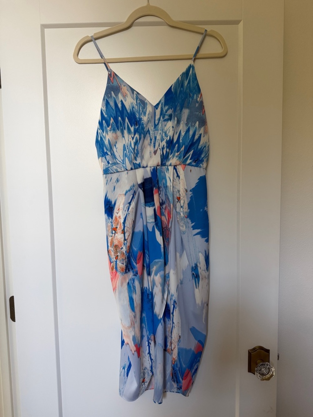 Blue & White Printed Spaghetti-Strap Midi Dress